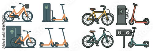 Electric bikes and scooters charging at a modern urban station in a vibrant city setting at midday
