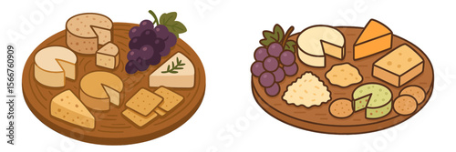 Selection of assorted cheeses and crackers with grapes on wooden platter during casual gathering at home