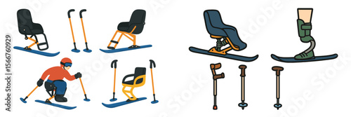 Adaptive skiing equipment for various abilities showcased in an illustrative design