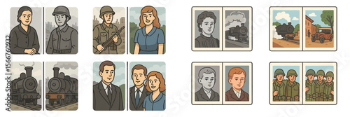 History through illustrations showcasing soldiers, families, and transportation during wartime and peacetime
