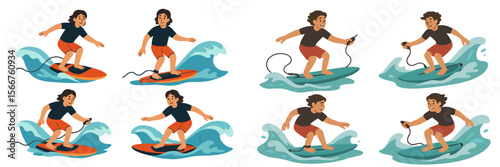 Young surfer performing various maneuvers on waves during a sunny day at the beach