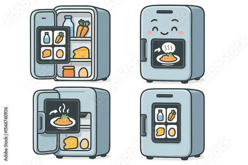 Cartoon refrigerator with food items and cooking display features happy face in its design in various angles