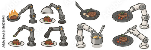Robotic arms preparing gourmet dishes with precision in a modern kitchen setting, showcasing advanced culinary techniques