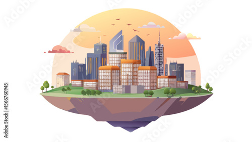 Cityscape illustration of floating island with modern buildings and skyscrapers at sunset vector design