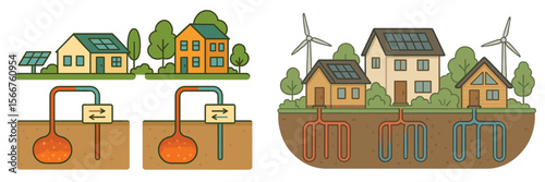 Renewable energy concepts illustrating geothermal heating and solar energy solutions for residential homes in a sustainable community