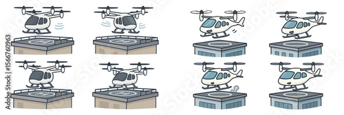 Helicopters taking off and landing on rooftops in urban setting during daylight