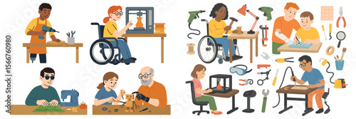 Creative individuals engaging in various woodworking and crafting activities in a workshop environment