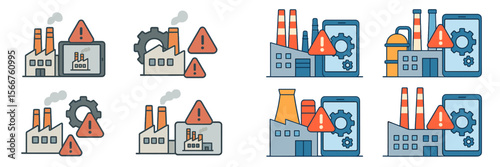 Factory warning symbols illustrating industrial malfunction in manufacturing settings and the impact on technology in the workplace