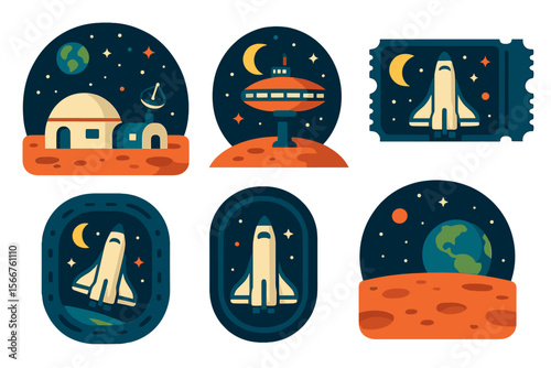Colorful space-themed illustrations featuring rockets, planets, and futuristic buildings
