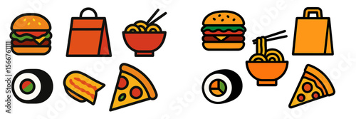 Colorful food icons representing popular fast food items and takeout options in a modern design layout