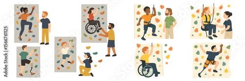 Diverse group participates in inclusive climbing activities in indoor climbing gym promoting teamwork and overcoming challenges in 2023