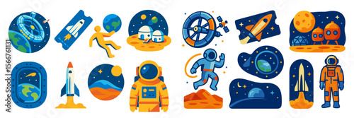 Exploring outer space through colorful illustrations of astronauts, rockets, planets, and alien life in a vibrant cosmic landscape