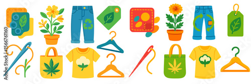 Eco-friendly clothing and plant-based designs showcased in vibrant colors with various styles for sustainable fashion lovers