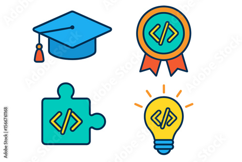 Creative icons representing education, achievement, and problem-solving in a vibrant design for digital learning
