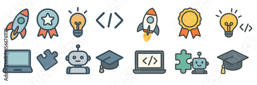 Creative symbols depicting innovation and technology in a modern design environment for educational and business purposes