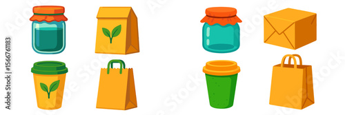 Colorful packaging options featuring eco-friendly designs for food and beverages displayed on a white background