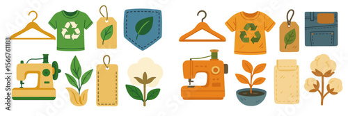 Creative eco-friendly clothing design elements featuring sewing machines, cotton plants, and recycling symbols