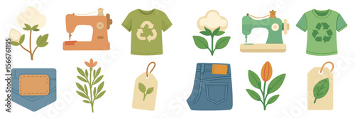 Creatively designed eco-friendly clothing elements showcasing sewing machines, natural fabrics, and sustainable materials