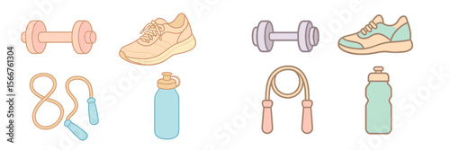 Fitness equipment and gear including weights, sneakers, and water bottles arranged for an active lifestyle