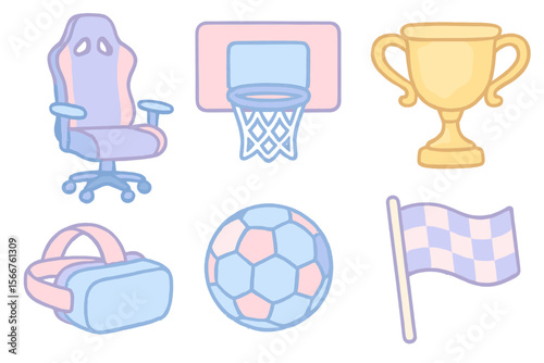 Colorful gaming and sports icons featuring a trophy, basketball hoop, and virtual reality headset in a playful design