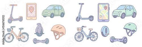 Illustration of various modes of urban transportation with digital navigation tools and safety equipment in a colorful graphic style