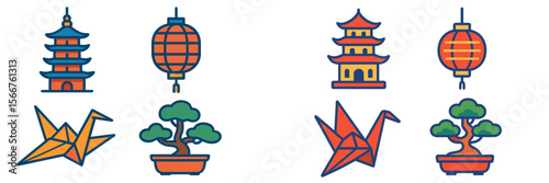 Colorful origami and traditional Asian architecture symbols showcased in a decorative arrangement