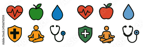 Health and wellness icons representing physical fitness, nutrition, and medical care in a simple layout