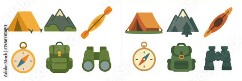 Camping and outdoor adventure icons showcasing tents, mountains, and essential equipment for nature enthusiasts