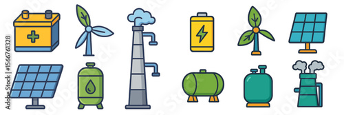 Energy icons representing renewable and non-renewable sources with various technologies for generating electricity and fuel