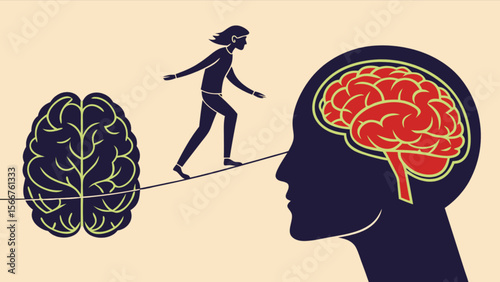Mental health balance concept illustration with brain and person walking on rope for wellness and mind 100