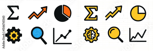 Graphic icons representing data analysis tools and metrics commonly used in business settings