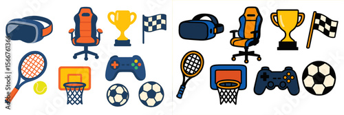 Various sports and gaming equipment including trophies and virtual reality headsets showcased together