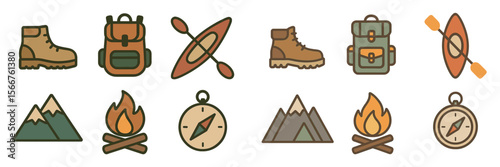 Icons representing outdoor activities like hiking, kayaking, and camping in a simple, colorful design