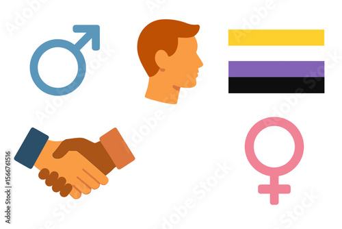 Gender symbols and icons representing male, female, and non-binary identities with handshake signifying equality and cooperation