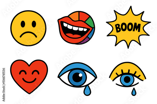 Emotions depicted through playful icons featuring smiles, sadness, heart, and expressive elements