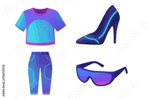Colorful casual outfit featuring a trendy top, stylish high heel shoe, chic sunglasses, and modern pants