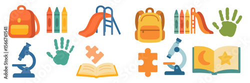 Creative educational icons showcasing various activities and materials representing learning and play environments for children