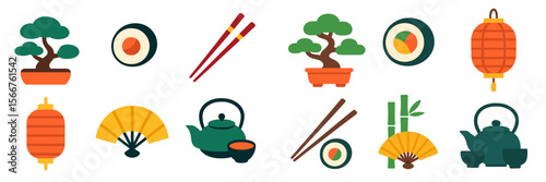 Cultural elements of Asian cuisine and traditions displayed in artistic icons and illustrations