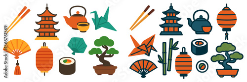 Colorful elements of traditional Asian culture featuring pagodas, lanterns, and sushi in a vibrant design