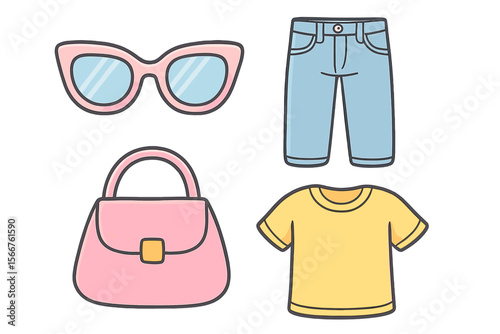 Stylish summer outfit with sunglasses, blue shorts, handbag, and yellow shirt for outdoor activities