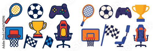 Colorful illustrations of sports icons and gaming elements showcasing various activities and awards