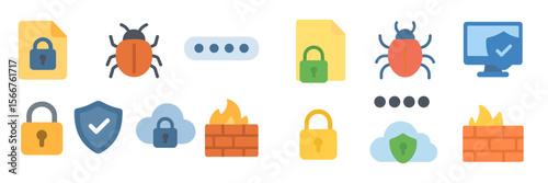 Colorful digital security icons representing online safety, malware, and data protection concepts for internet users