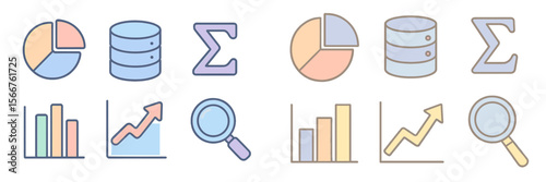 Visual representation of data analytics symbols showing charts, graphs, and data sets used in business analysis