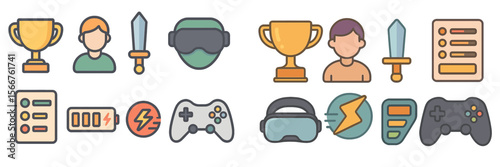 Gaming icons representing competition, virtual reality, and achievements in a digital landscape