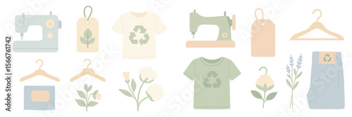 Textile recycling and sustainable fashion concept featuring sewing machines and eco-friendly clothing items