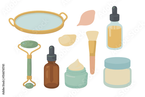 Essential skincare tools and products displayed on a vanity tray in a beauty minimalist aesthetic