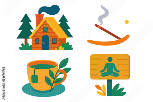 Cozy retreat with a cabin, tea, incense, and mindfulness sign in a serene natural setting