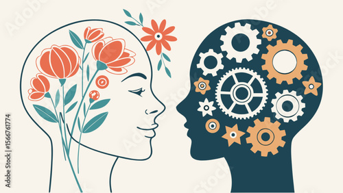 Human mind intelligence creativity vs logic concept brain with flowers and gears illustration art