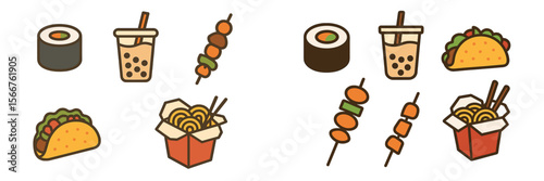 Variety of street food including sushi, tacos, noodles, and bubble tea displayed in fun doodle style