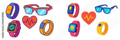 Colorful collection of wearable tech illustrations including smartwatches and fitness trackers on a white background
